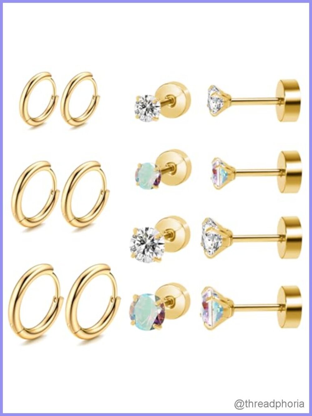 Titanium Earrings Hypoallergenic Flat Back Stud & Hoop Set Cubic Zirconia